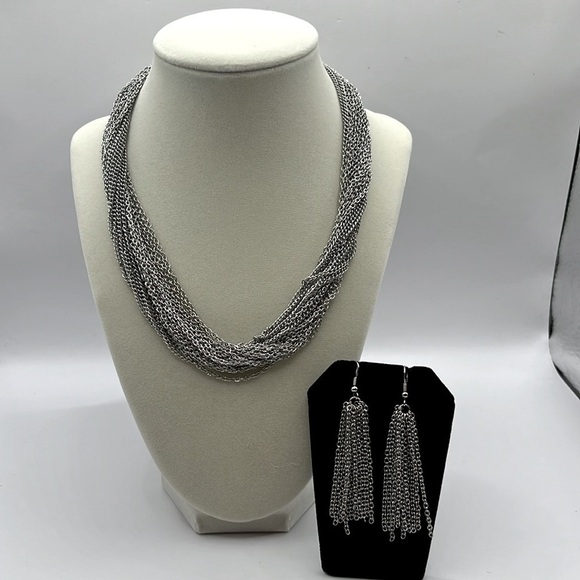 Layered Chain Link Necklace and Earrings Set 24 Multiple Layers of Chains - Picture 1 of 11